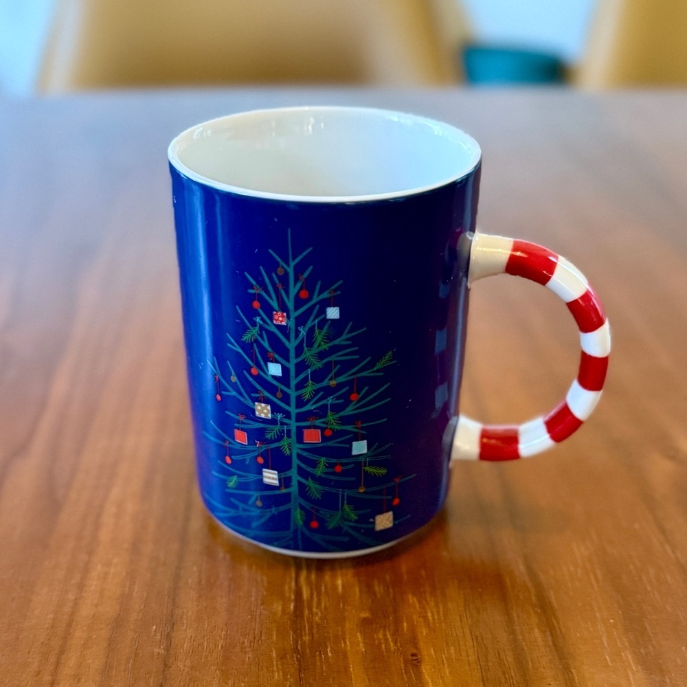 Starbucks Christmas Tree Ceramic Mug 12 Oz Blue Tree With Candy Cane Handle
